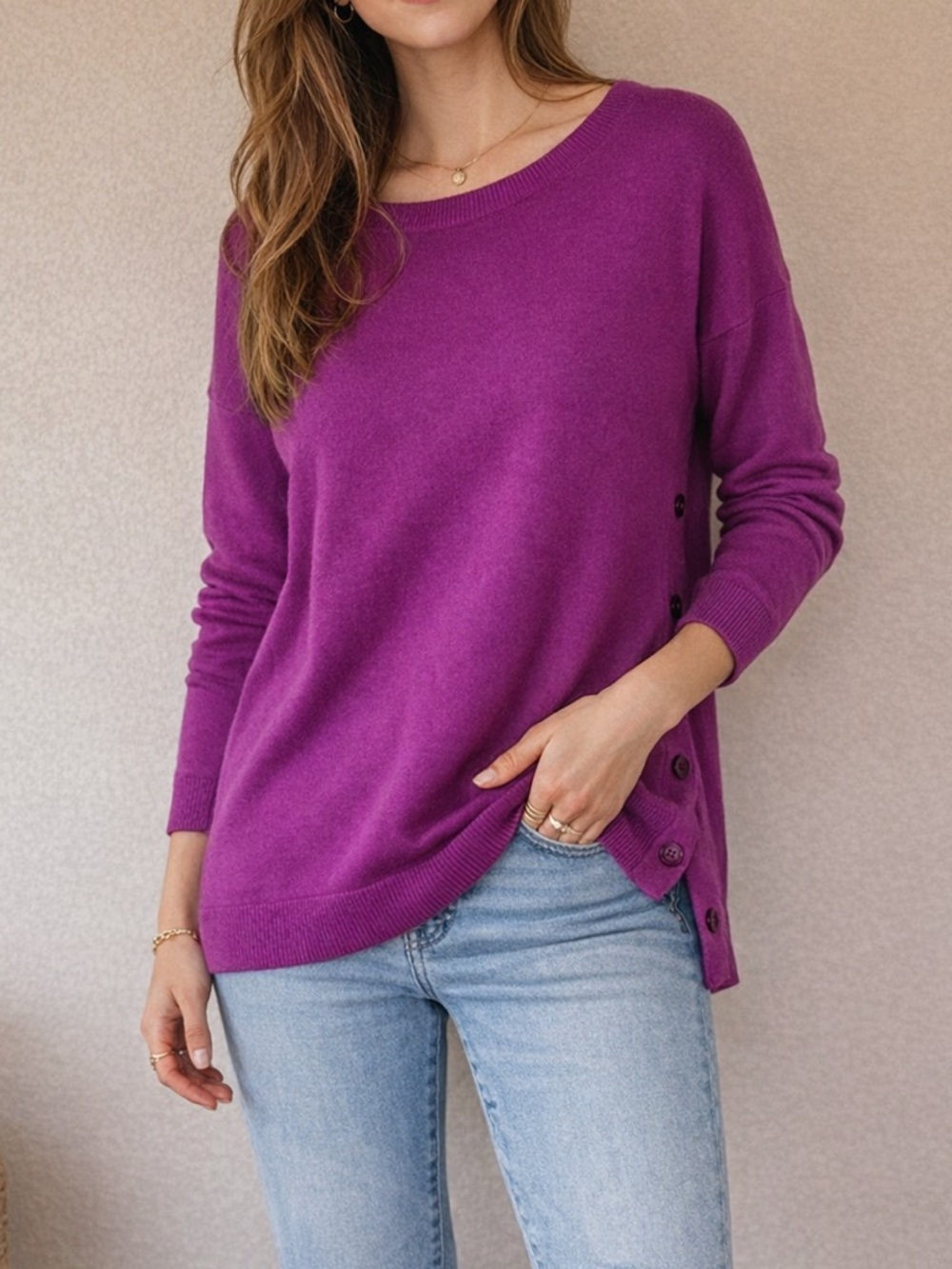Talbots Women’s Lambswool Sweater Button Detail Magenta Purple